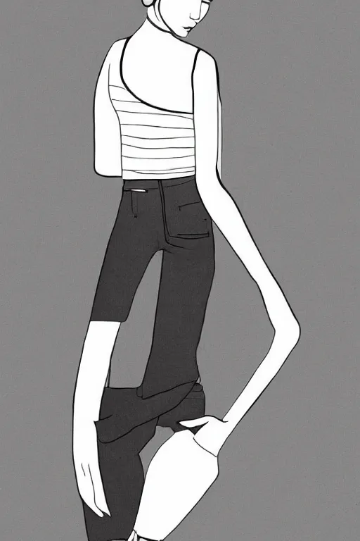 Image similar to portrait of a girl in long pants and a top, hands in pockets, eyes closed, bob haircut, digital art, black and white, lineart by roro kurotani