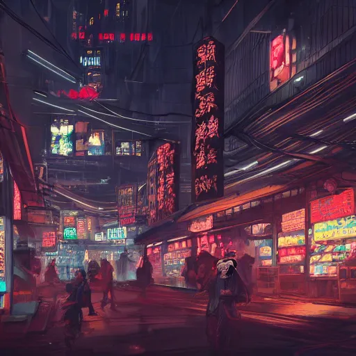 Prompt: a cyberpunk dark marketplace with heavy asian stylistic influences. the market place is where people come to buy and sell their dreams. people are reveling in the delight of experience the highly surreal dreams of others. concept art, artstation, cinematic lighting, highly detailed, 8 k, sharp render