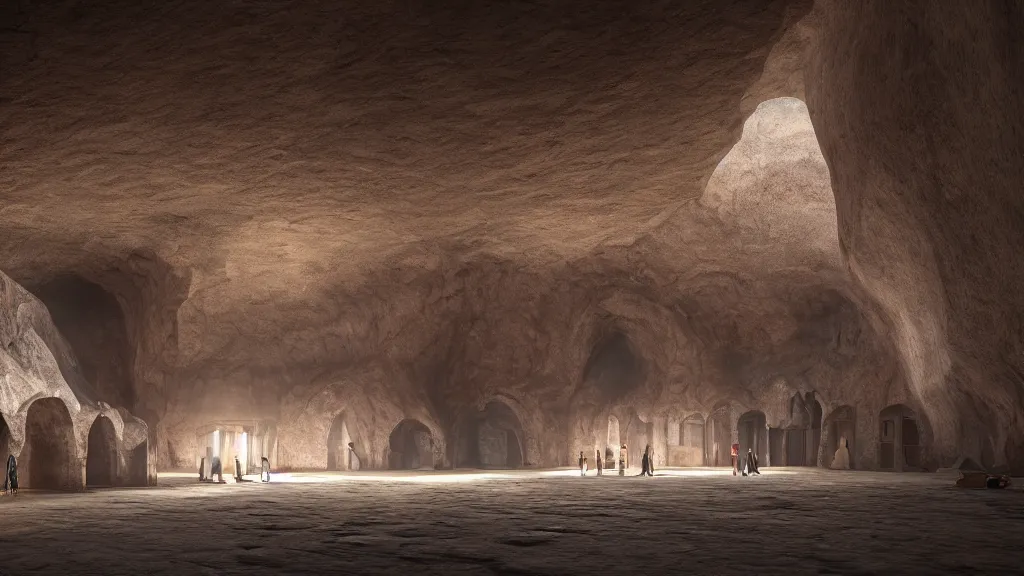 Image similar to A big mosque inside a cave, cinematic lighting, god ray, photorealistic, hyperdetailed 3D matte painting, hyperrealism, hyperrealistic, 8k ultraHD octane render