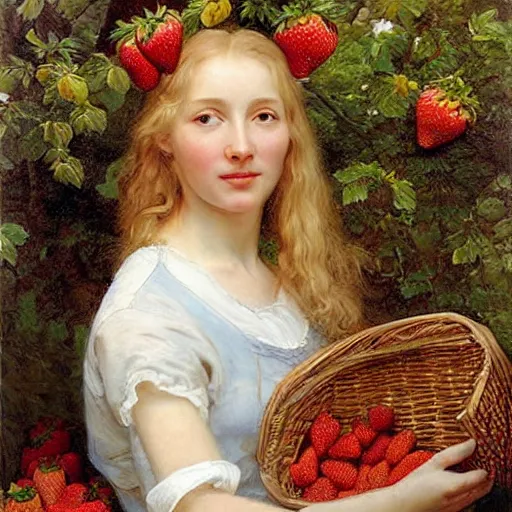 Image similar to A beautiful Blonde Woman with Locks selling strawberries in the style of Sophie Anderson, Portrait