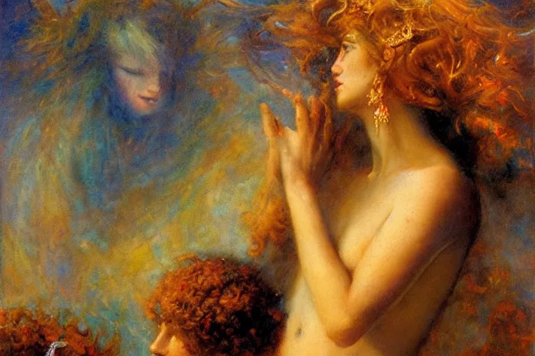 Image similar to portrait of the personification of the sun, god of all things. art by gaston bussiere.