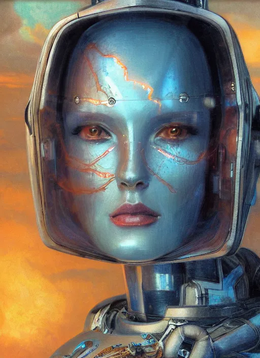 Image similar to biblical shy beautiful female mage android robot, deep gaze to the side, closeup, bright glowing veins, in clouds, sunset, portrait, by gerald brom, by mikhail vrubel, by peter elson, muted colors, extreme detail, reflections, trending on artstation, 8 k