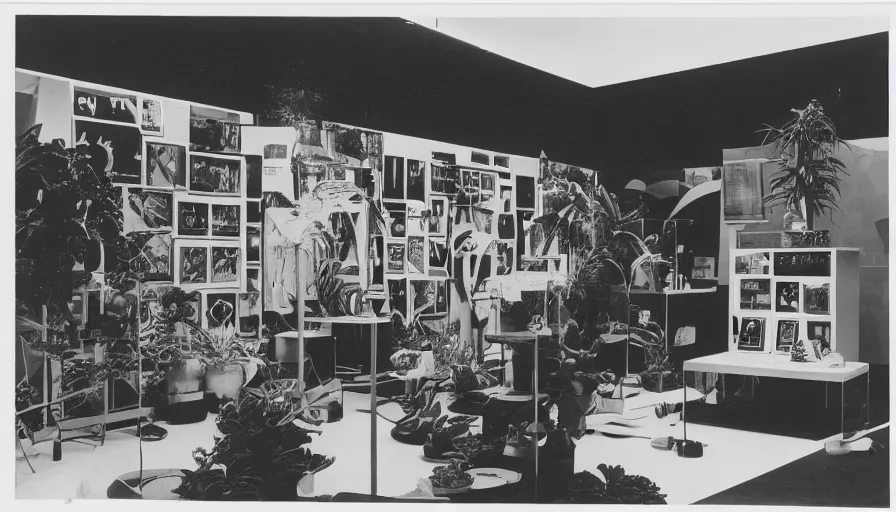 Image similar to A black and white photography of an exhibition space with objects of Sun Ra, Marcel Duchamp and tropical plants, 60s, offset lithography print, newspaper, distant shot