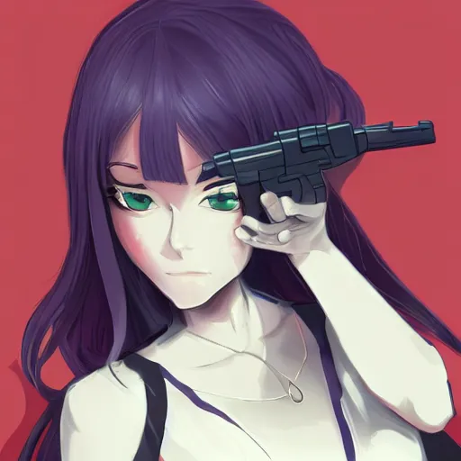 Image similar to a woman with a gun in her hand, a character portrait by shitao, trending on pixiv, sots art, official art, pixiv, anime