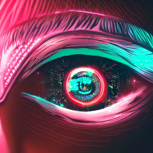 Image similar to cybernetic eye, digital illustration, photo - realistic, macro, extreme details, vivid, neon, dramatic lighting, futuristic, cyberpunk, intricate details