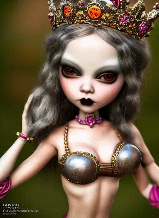 Image similar to highly detailed closeup, profile portrait of a tin toy goth fairytale princess wearing a crown, bikini, unreal engine, nicoletta ceccoli, mark ryden, earl norem, lostfish, global illumination, detailed and intricate environment