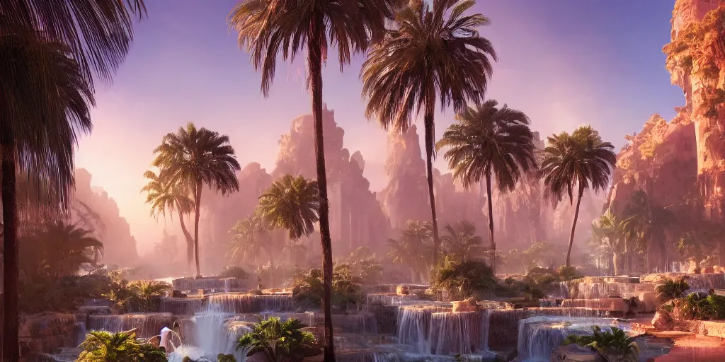 Image similar to beautiful oasis waterfalls surrounded by palm trees moroccan tile archways, date trees, ivory towers sunset peter morbacher ross tran angelarium greg rutkowski alchemy luxury heavenly light soft illumination, trending on artstation cinematic lighting digital painting octane render, artgerm