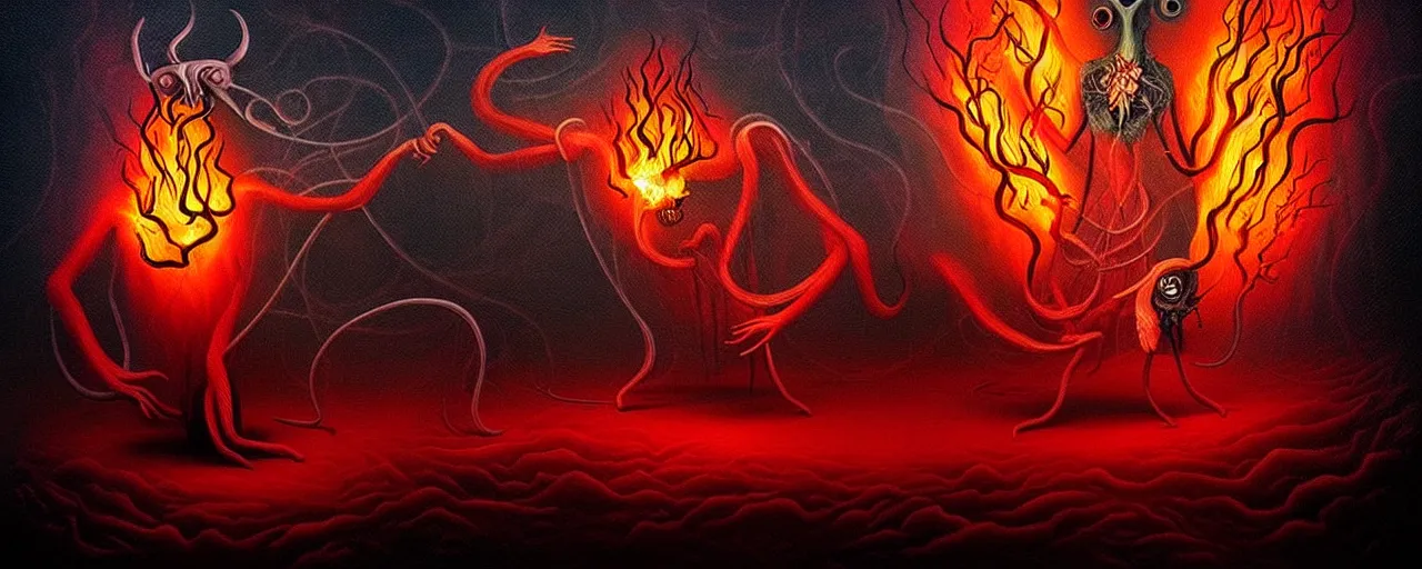 Prompt: whimsical!!!!!!!!!!!! fiery alchemical creatures, surreal dark uncanny painting by ronny khalil