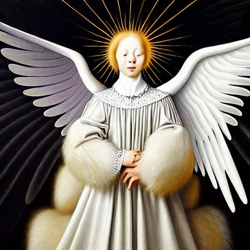 Image similar to highdetailed hyperrealistic painting of white angel!!! no gender!!!, giant ball of miracle light from the chest!!!!!, 4 k hd fur face!!!, big wings, by jan van eyck, holography space, white sparkles everywhere, thin strokes, high textures