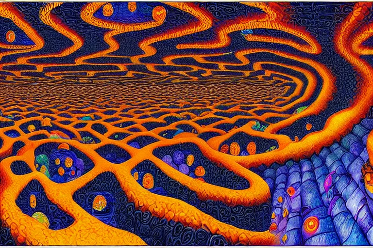 Prompt: highly detailed favela hive labyrinth of fire, award winning art, lava lamp, epic dreamlike fantasy landscape, art print, mc escher, ultra realistic,