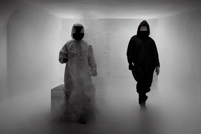 Prompt: a cinematic portrait of a prisoner dressed in a a black and white hazmat suit in a cell, dust storm, lee madgwick and zack snyder, 8 k, hd, high resolution, 8 5 mm, f / 1. 8