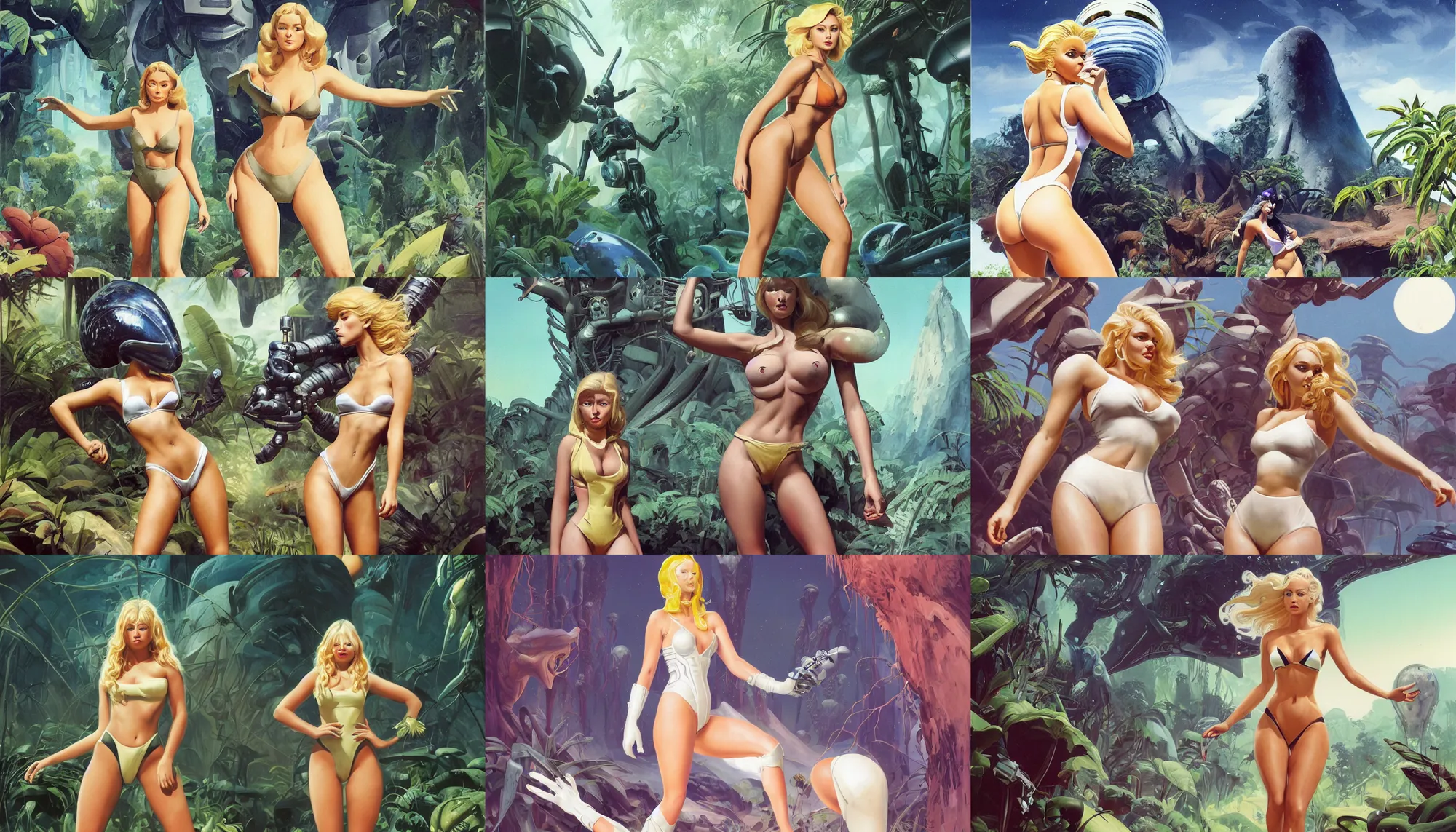Prompt: A mixed media portrait painting of a beautiful blonde woman exploring an alien jungle planet, very curvy, aesthetic! high-waisted white-bikini-armor and boots, aesthetic symmetrical face and eyes, model, Scandinavian, discarded mechsuit in background, by Boris Vallejo, Beeple, Frank Frazetta, Greg Rutkowski, Christian MacNevin, Alphonse Mucha, epic fantasy character art, high fantasy, CGsociety, exquisite detail, post-processing, masterpiece, cinematic