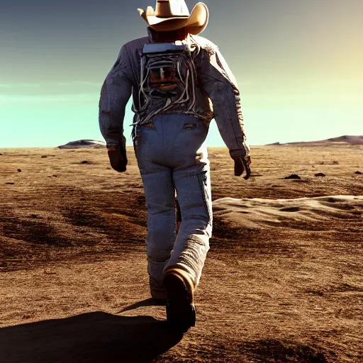 Image similar to apollo 8 cowboy earthrise cowboy in cowboy space, octane render, blender render, unreal engine, 3 5 mm, cowboy, with earth in rising in the sky in the background