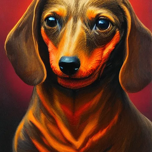 Image similar to Highly detailed portrait of a fire elemental dachshund, painted by Gerald Brom