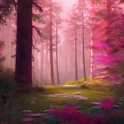 Prompt: solace hermatige cottage peaceful clouds beautiful woods trees pine, nice view, gradient of pink and blue, mystical realistic poster with shaded lighting by craig mallismo, artgerm, jeremy lipkin and michael garmash, unreal engine, radiant light, detailed and complex environment city utopia spirituality sacred geometry with implied lines