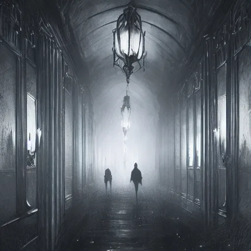 Image similar to a long hallway of mirrors. victorian interior, with many mirrors, spiders and spiderwebs everywhere, elegant design, haunting atmosphere, dark lighting, gothic, horror style, scary, swirling fog, volumetric lighting, by greg rutkowski, realistic, dutch angle,