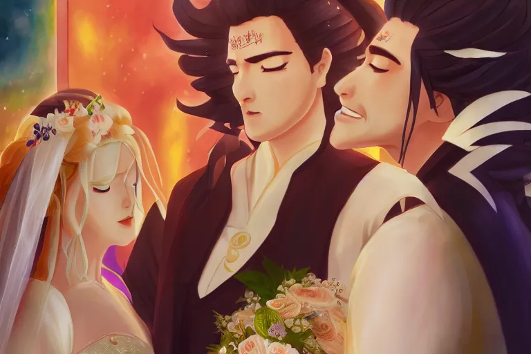 Image similar to a cinematic portrait of wedding photograph jpeg close up moment of a divine a japan sun god and moon goddess lovers magician at a wedding banquet. portraiture. digital painting. artstation. concept art. wedding photo. digital painting. naruto the movie art masterpiece by art by krenz cushart