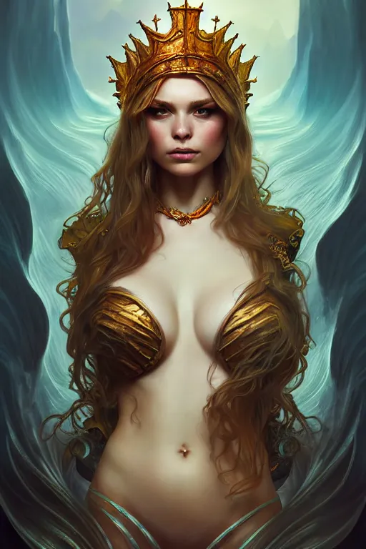 Image similar to photography alexey kurylev, sea queen, mysterious, deep focus, d & d, fantasy, complex, elegant, highly detailed, digital painting, artstation, concept art, matte, clear focus, illustration, hearthstone, artgerm art, greg rutkovsky and alphonse mucha