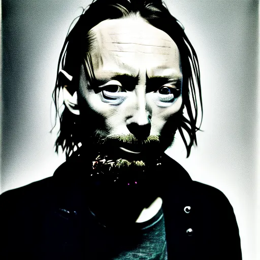 Image similar to Thom Yorke, a man with a beard and a black jacket, a portrait by John E. Berninger, dribble, neo-expressionism, uhd image, studio portrait, 1990s