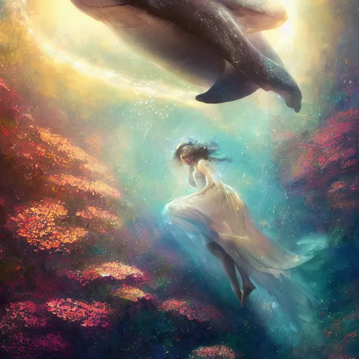 Image similar to glimmering whale, flowing dress, flowers, cosmos, milky way galaxy, golden hour, god rays, coral reef, dreamscape by artgerm and ruan jia and ismail inceoglu and greg olsen, masterpiece, beautiful, intricate, elegant, highly detailed