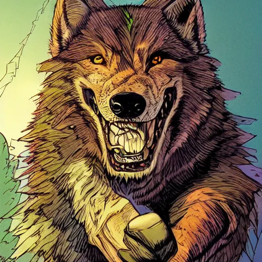 Prompt: precisely drawn illustration of snarling dire wolf, wide angle, sharp, fine details, french comic style, vibrant realistic colors, full color, heroic fantasy, intense line art, 8 k, precise linework, realistic, in the style of heavy metal comics and richard corben and moebius