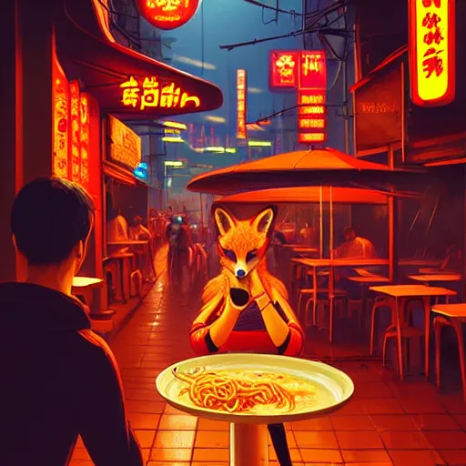 Prompt: illustration of an anthropomorphic vulpes vulpes fulva woman at a noodle stand eating ramen in the crowded street of a cyberpunk city, rain, harsh neon lighting, realistic, ultra detailed, by greg rutkowski, wlop, sakimichan, artgerm