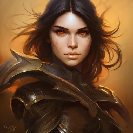 Image similar to kendal jenner, d & d, fantasy, portrait, highly detailed, digital painting, trending on artstation, concept art, sharp focus, illustration, art by artgerm and greg rutkowski and magali villeneuve