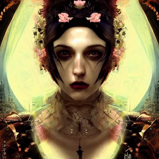 Image similar to symmetrical portrait of a beautiful dead princess female 4K symmetrical portrait, magical,fantasy , final fantasy, whole body, hyperrealism, cyberpunk, concept art, realistic, highly detailed, Featured on Artstation, cgsociety, Behance, Tom Bagshaw, Ross Tran, Japan Taiwan ,Soft lighting, attractive, highly detailed. intricate details. trending on artbreeder | zdzislaw beksinski. dariusz zawadzki. Michael Hutter. Peter Mohrbacher. Alfons Mucha. artstation