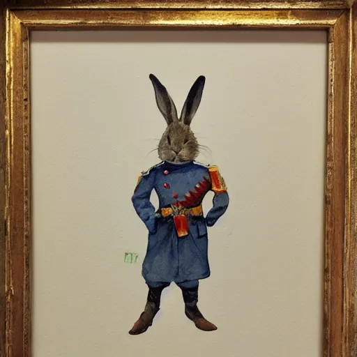Prompt: a rabbit wearing a white ww1 uniform, watercolour