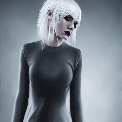 Image similar to Young woman, white hair, emo makeup, wearing dress, hyper realism, high detailed, 4k,