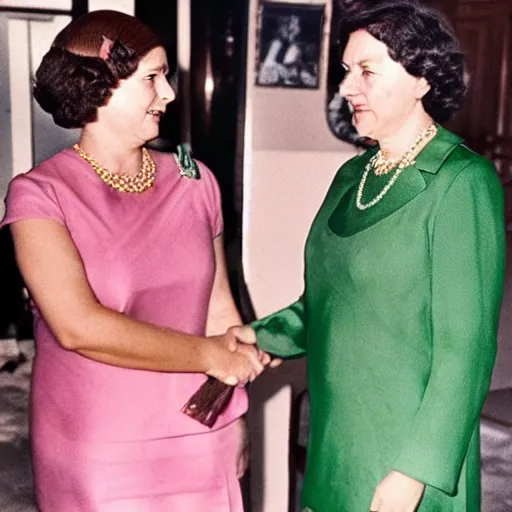 Image similar to a queen with tan skin, short, rippling dark cinnamon hair, and emerald eyes is shown meeting with the prime minister in a long, medium wide shot, german and eastern european mix kodachrome slide. in a vintage historical fantasy photograph from 1 9 3 2, she is shown donning a pink outfit and green jewels.