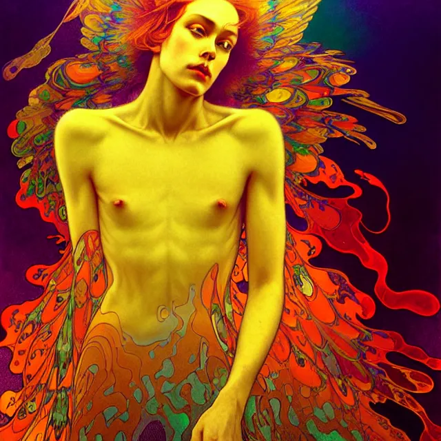 Image similar to psychedelic transcendent young face mind bending psychedelic wings of glossy liquid honey flowing like kaleidoscopic translucent holograph, lsd feathers, honey wind, enlightenment, high contrast dappled lighting, refracted sunset, highly detailed, concept art, art by collier, albert aublet, krenz cushart, artem demura, alphonse mucha