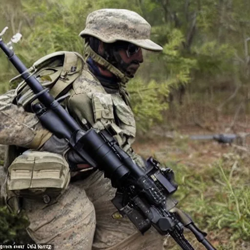 Image similar to a rare military frog equipped with rocket launcher and night vision target acquisition system, photo from us marines training exercise