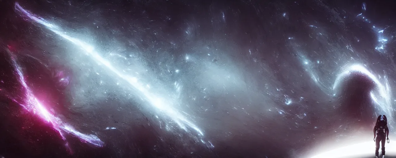 Image similar to a dark epic swirling galaxy, space scene, dark scifi, unreal engine, octane render, volumetric lighting