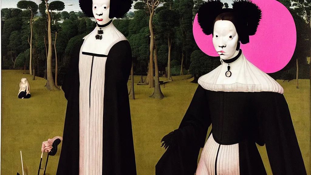 Prompt: symmetrical portrait of a woman with pink frizzy hair, wearing a embroidered black mask and a high collar black dress by alexander mcqueen, standing in a botanical garden, bjork aesthetic, masterpiece, cyberpunk, in the style of rogier van der weyden and jacopo da pontormo, masterpiece, asian art