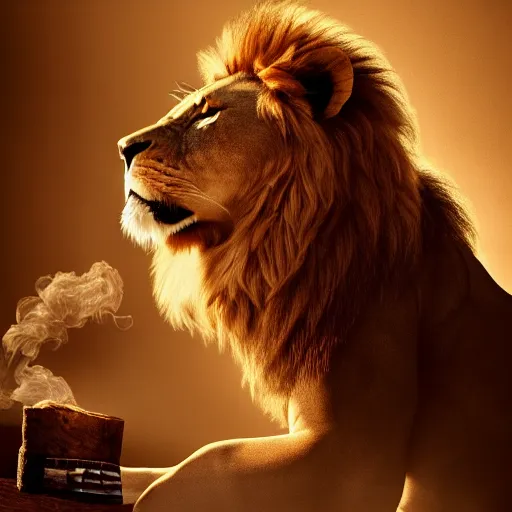 Image similar to a lion smoking a cigar, dramatic lighting, cinematic, establishing shot, extremely high detail, foto realistic, cinematic lighting, post processed, concept art, high details, cinematic, 8k resolution, beautiful detailed, photorealistic, digital painting, artstation, concept art, smooth, sharp focus, artstation trending, octane render, unreal engine