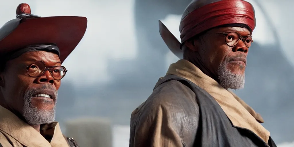 Image similar to a film still of samuel l. jackson starring in a japanese blockbuster film as yoshimitsu, shallow depth of field, cinematic, award winning cgi, vfx, film still