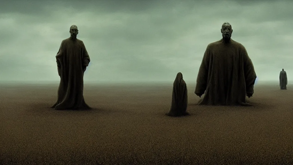 Prompt: the giant selfishness, film still from the movie directed by Denis Villeneuve with art direction by Zdzisław Beksiński, wide lens