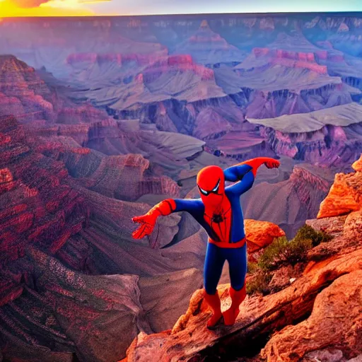 Prompt: Spiderman mountain climbing, grand canyon, orange sky H- 768