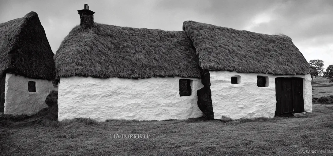 Prompt: scottish blackhouse constructed of ivory - white pentelic marble. fujinon premista 1 9 - 4 5 mm t 2. 9. portra 8 0 0.