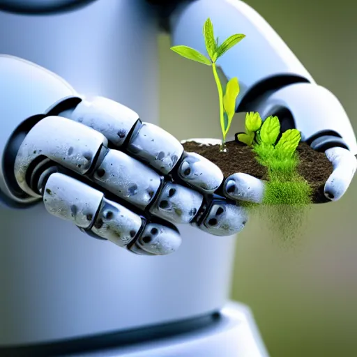 Image similar to robot in his hands is holding a small piece of land with a small ecological green plant