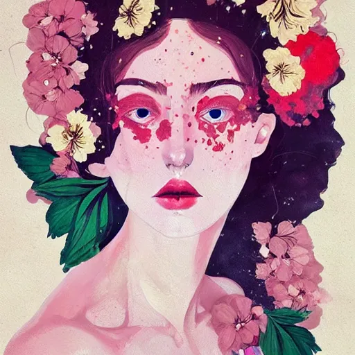 Image similar to surreal gouache paintingby conrad roset, female head with flowers growing out, portrait, cgsociety, artstation, rococo dreamycostume and grand headpiece,