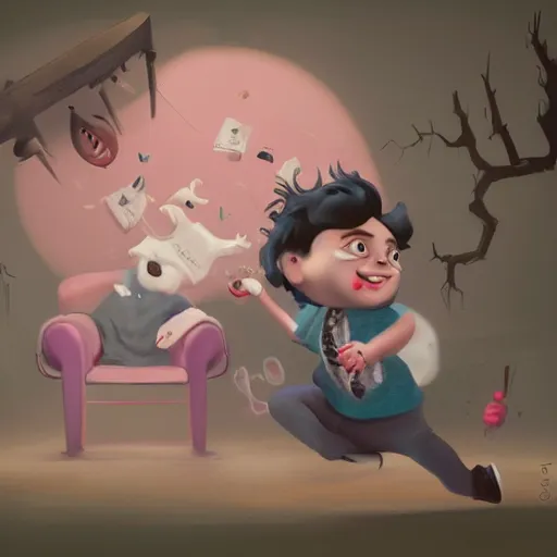 Prompt: josh gad running from melanie martinez, horror, 8 k concept art, detailed faces, extremely detailed, vintage camera