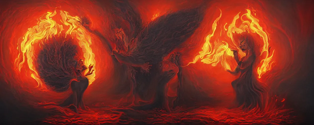 Image similar to whimsical fiery alchemical creatures, surreal dark uncanny painting by ronny khalil