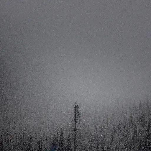 Image similar to a monolithic monster in a taiga. snowing, grainy, overcast sky.