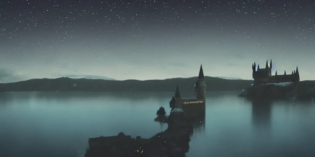 Image similar to Film still. Screenshot. Hogwarts night landscape. night lights. stars in the sky. cold blue hues. muted colors. high clouds. lake. magic. beautiful. perfect. 35mm lens. extremely detailed. 4K.