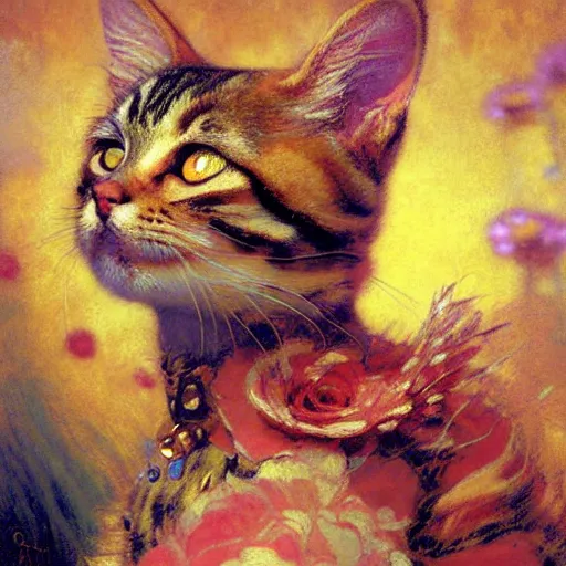 Prompt: portrait of a furry fluffy female tabby cat in a cute floral dress. shadowrun furaffiniy cyberpunk fantasy highly detailed painting by gaston bussiere craig mullins jc leyendecker gustav klimt artgerm greg rutkowski john berkey, bergey, craig mullins, ruan jia, raymond swanland, jeremy mann, tom lovell, alex malveda