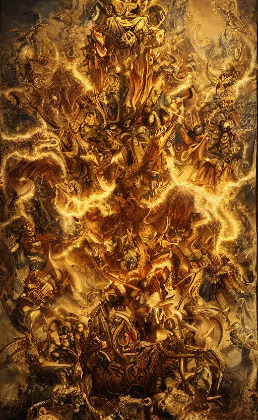 Image similar to 'Deamons Invade The Holy See' by István Sándorfi royally decorated, whirling smoke, embers, gold encrustations , gilt silk torn fabric, radiant colors, fantasy, perfect lighting, studio lit, micro details,