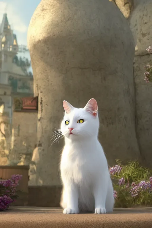 Image similar to a white cat with blue eyes wearing a red formal overcoat, hyperrealistic, concept art, octane render, unreal engine 5, realistic and defined face, profile picture, digital art, pixar and disney style, symmetrical, high quality, highly detailed, high coherence, path traced, house background, low contrast, beautiful