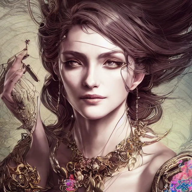 Image similar to the portrait of the lawful evil sorceress personified as an absurdly beautiful, graceful, elegant, sophisticated, mature woman, an ultrafine hyperdetailed illustration by kim jung gi, irakli nadar, intricate linework, bright colors, octopath traveler, final fantasy, unreal engine 5 highly rendered, global illumination, radiant light, detailed and intricate environment